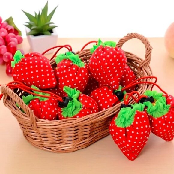 Strawberry Tote Bag Folding Reusable Pink and Red - Picture 2 of 2